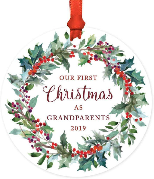 Metal Christmas Ornament, Our First Christmas As Grandparents, Custom Year, Red Holiday Wreath-Set of 1-Andaz Press-