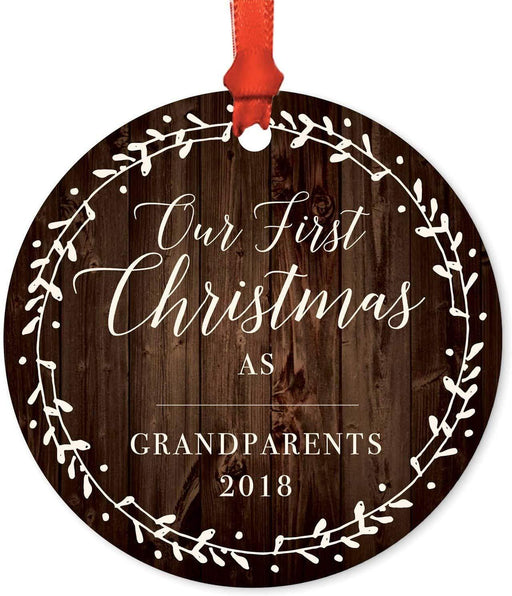 Metal Christmas Ornament, Our First Christmas As Grandparents, Custom Year, Rustic Wood Florals-Set of 1-Andaz Press-
