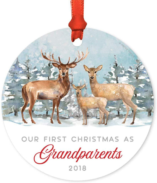 Metal Christmas Ornament, Our First Christmas As Grandparents, Custom Year, Watercolor Rustic Deer-Set of 1-Andaz Press-