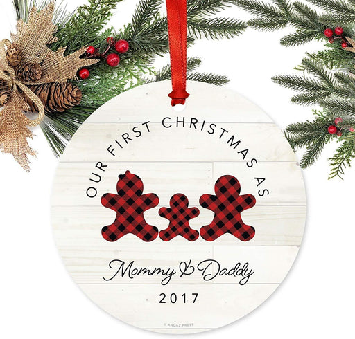 Metal Christmas Ornament, Our First Christmas As Mommy and Daddy, Custom Year, Lumberjack Buffalo Red Plaid-Set of 1-Andaz Press-