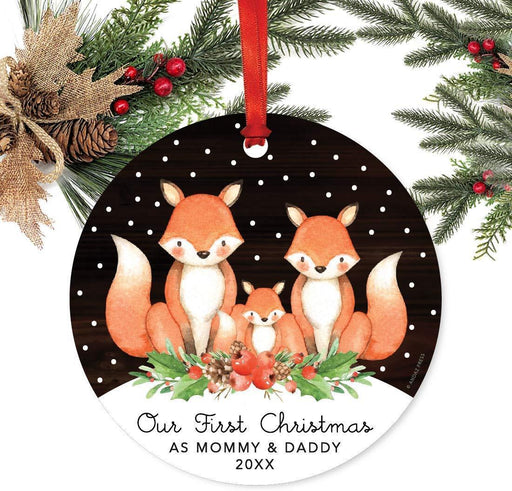 Metal Christmas Ornament, Our First Christmas As Mommy and Daddy, Custom Year, Watercolor Fox in Snow-Set of 1-Andaz Press-