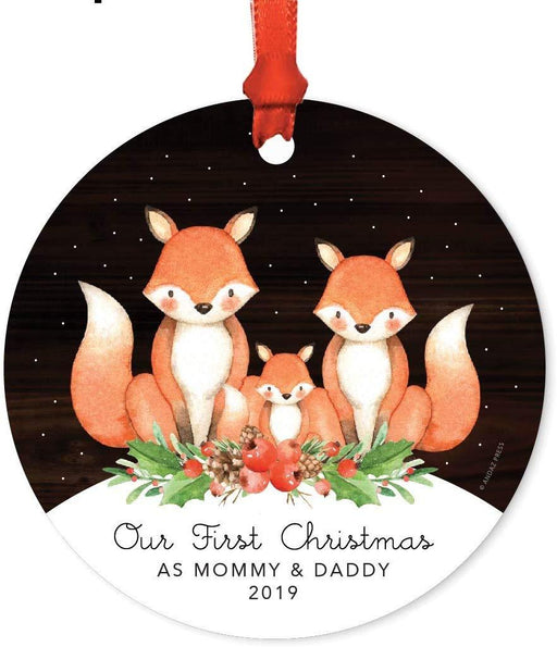 Metal Christmas Ornament, Our First Christmas As Mommy and Daddy, Custom Year, Watercolor Fox in Snow-Set of 1-Andaz Press-