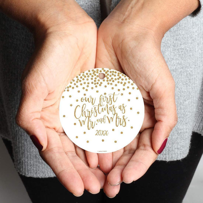 Metal Christmas Ornament, Our First Christmas As Mr. and Mrs., Custom Year, Gold Glittering Confetti Polka Dots-Set of 1-Andaz Press-