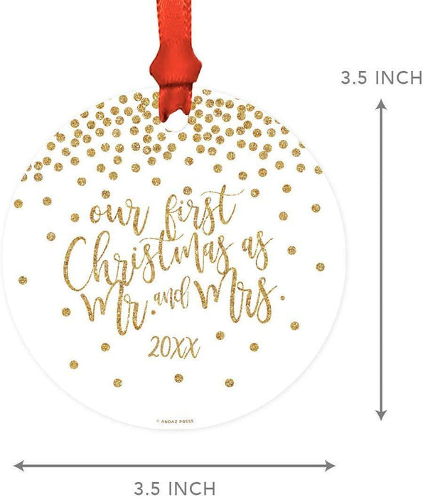 Metal Christmas Ornament, Our First Christmas As Mr. and Mrs., Custom Year, Gold Glittering Confetti Polka Dots-Set of 1-Andaz Press-