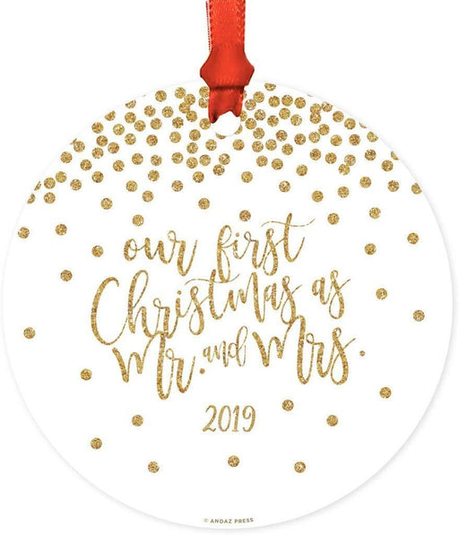 Metal Christmas Ornament, Our First Christmas As Mr. and Mrs., Custom Year, Gold Glittering Confetti Polka Dots-Set of 1-Andaz Press-