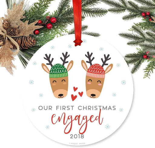 Metal Christmas Ornament, Our First Christmas Engaged, Custom Year, Holiday Reindeer Snowflakes-Set of 1-Andaz Press-