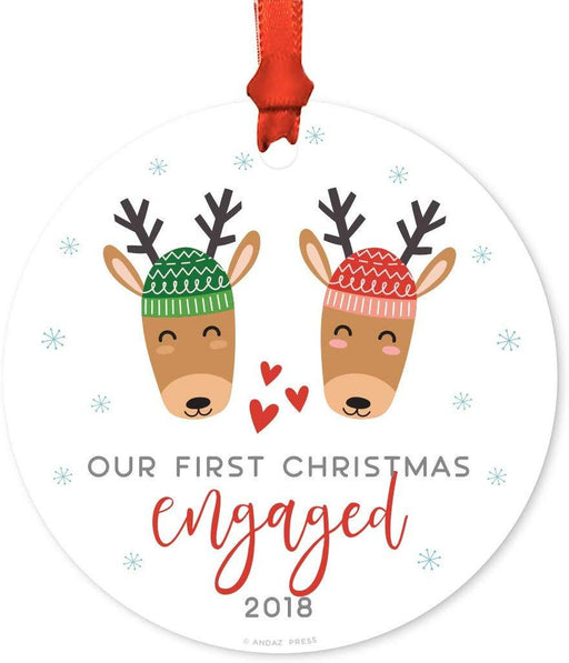 Metal Christmas Ornament, Our First Christmas Engaged, Custom Year, Holiday Reindeer Snowflakes-Set of 1-Andaz Press-