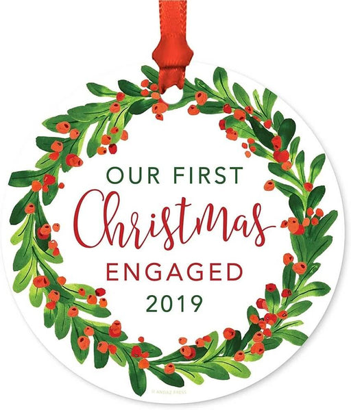 Metal Christmas Ornament, Our First Christmas Engaged, Custom Year, Red Green Holiday Wreath-Set of 1-Andaz Press-