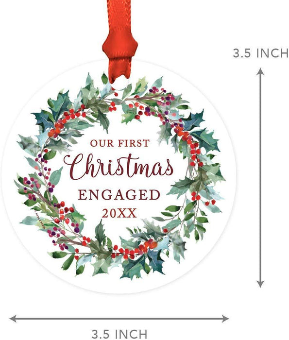 Metal Christmas Ornament, Our First Christmas Engaged, Custom Year, Red Holiday Wreath-Set of 1-Andaz Press-