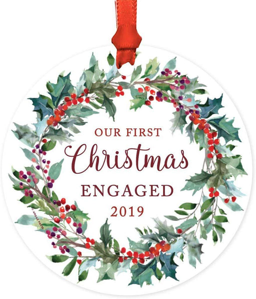 Metal Christmas Ornament, Our First Christmas Engaged, Custom Year, Red Holiday Wreath-Set of 1-Andaz Press-