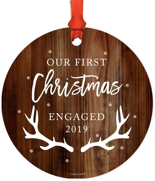 Metal Christmas Ornament, Our First Christmas Engaged, Custom Year, Rustic Wood-Set of 1-Andaz Press-