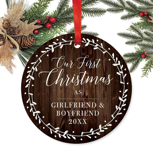 Metal Christmas Ornament, Our First Christmas as Girlfriend and Boyfriend, Custom Year, Rustic Wood Florals-Set of 1-Andaz Press-