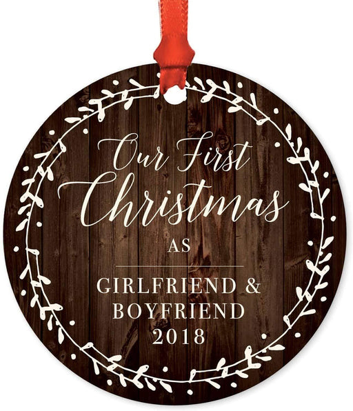 Metal Christmas Ornament, Our First Christmas as Girlfriend and Boyfriend, Custom Year, Rustic Wood Florals-Set of 1-Andaz Press-