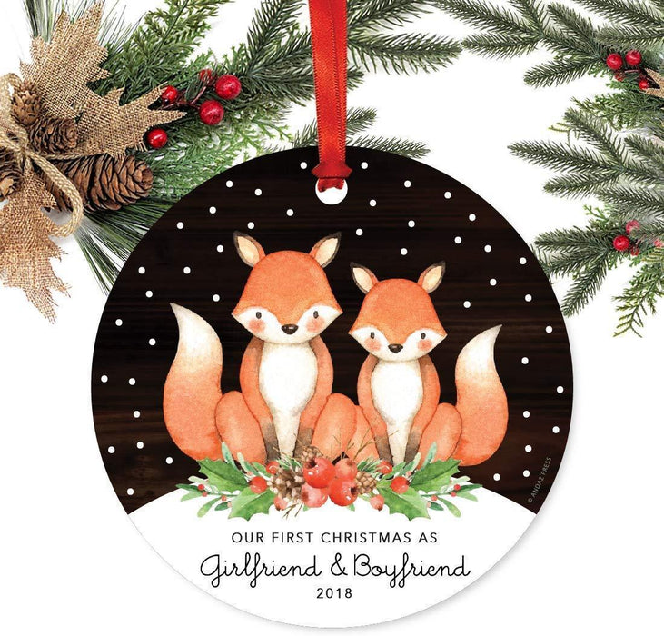 Metal Christmas Ornament, Our First Christmas as Girlfriend and Boyfriend, Custom Year, Watercolor Fox in Snow-Set of 1-Andaz Press-