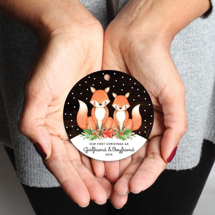 Metal Christmas Ornament, Our First Christmas as Girlfriend and Boyfriend, Custom Year, Watercolor Fox in Snow-Set of 1-Andaz Press-