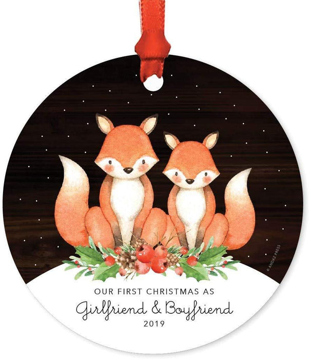 Metal Christmas Ornament, Our First Christmas as Girlfriend and Boyfriend, Custom Year, Watercolor Fox in Snow-Set of 1-Andaz Press-