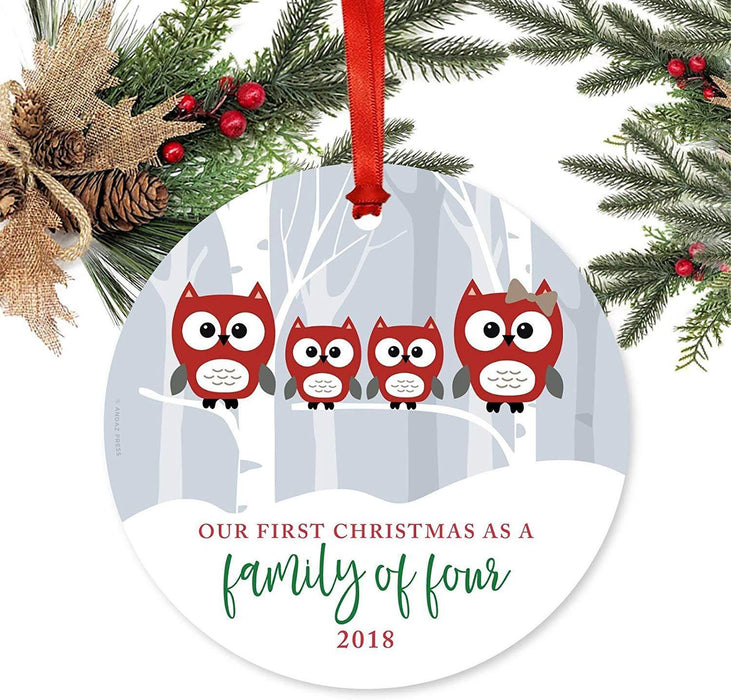 Metal Christmas Ornament, Our First Christmas as a of Four, Custom Year, Red Holiday Woodland Owls-Set of 1-Andaz Press-