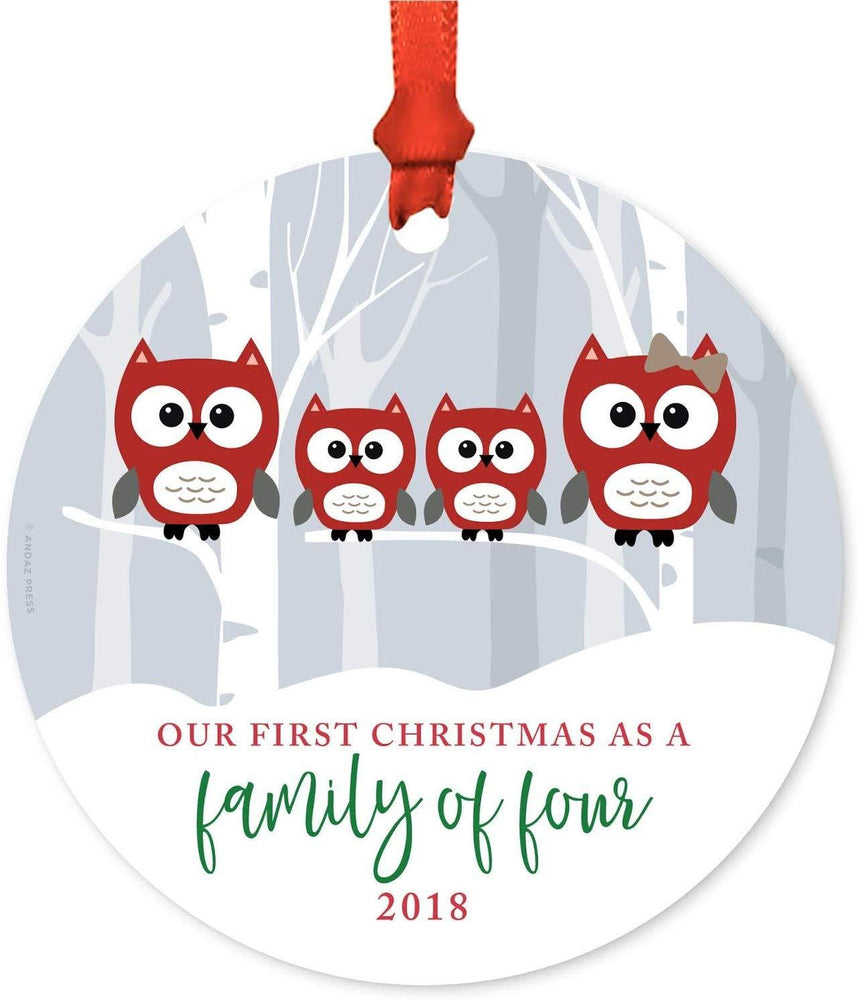 Metal Christmas Ornament, Our First Christmas as a of Four, Custom Year, Red Holiday Woodland Owls-Set of 1-Andaz Press-