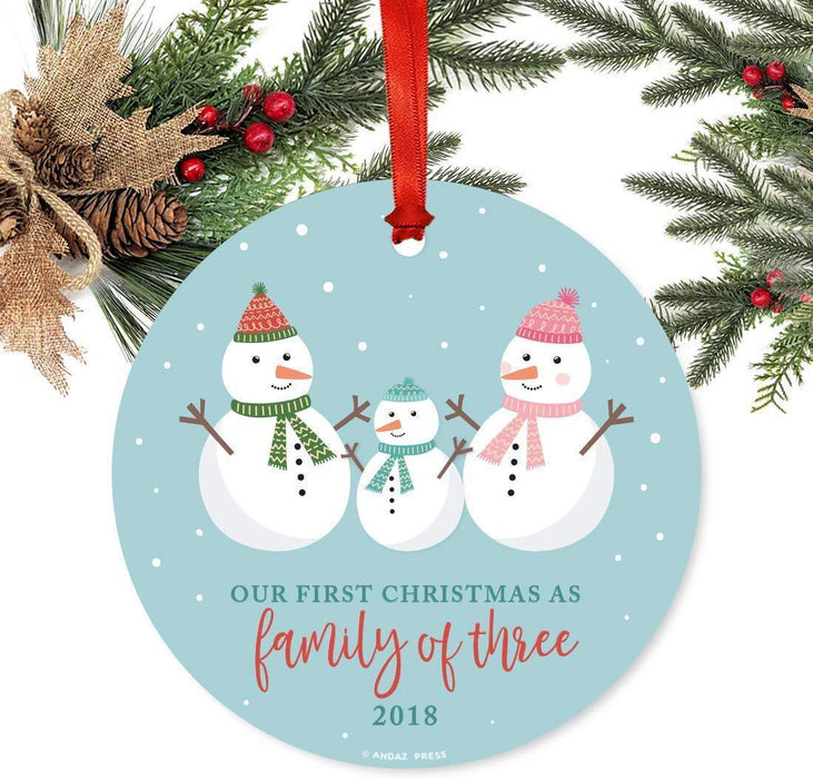Metal Christmas Ornament, Our First Christmas as a of Three, Custom Year, Holiday Snowman-Set of 1-Andaz Press-