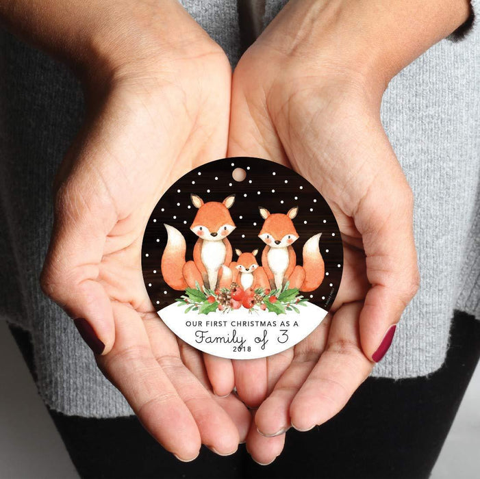 Metal Christmas Ornament, Our First Christmas as a of Three, Custom Year, Watercolor Fox in Snow-Set of 1-Andaz Press-