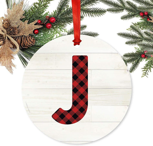 Metal Christmas Ornament, Red Plaid Monogram Letter J-Set of 1-Andaz Press-