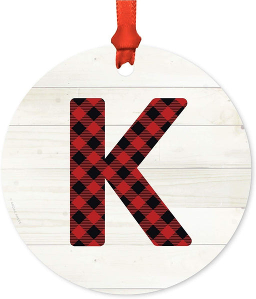 Metal Christmas Ornament, Red Plaid Monogram Letter K-Set of 1-Andaz Press-