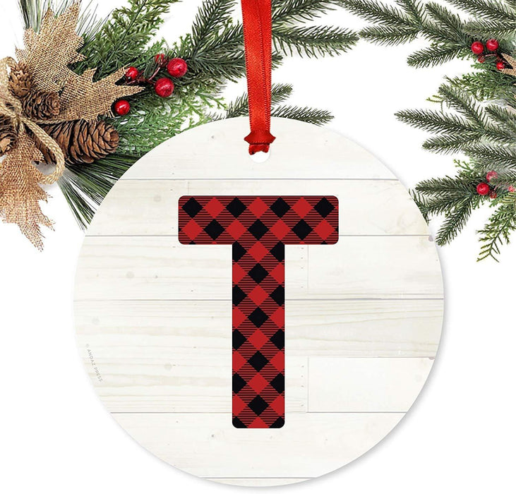 Metal Christmas Ornament,Red Plaid Monogram Letter T-Set of 1-Andaz Press-