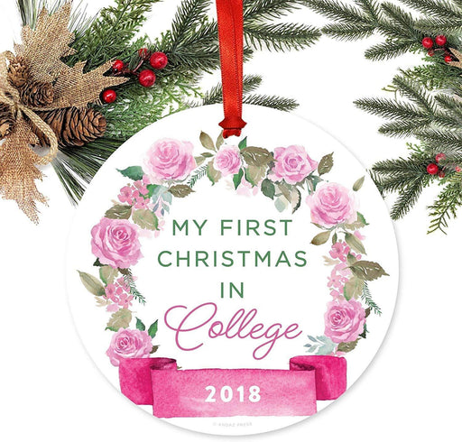 Metal Ornament, My First Christmas in College, Custom Year, Pink Flowers Banner-Set of 1-Andaz Press-