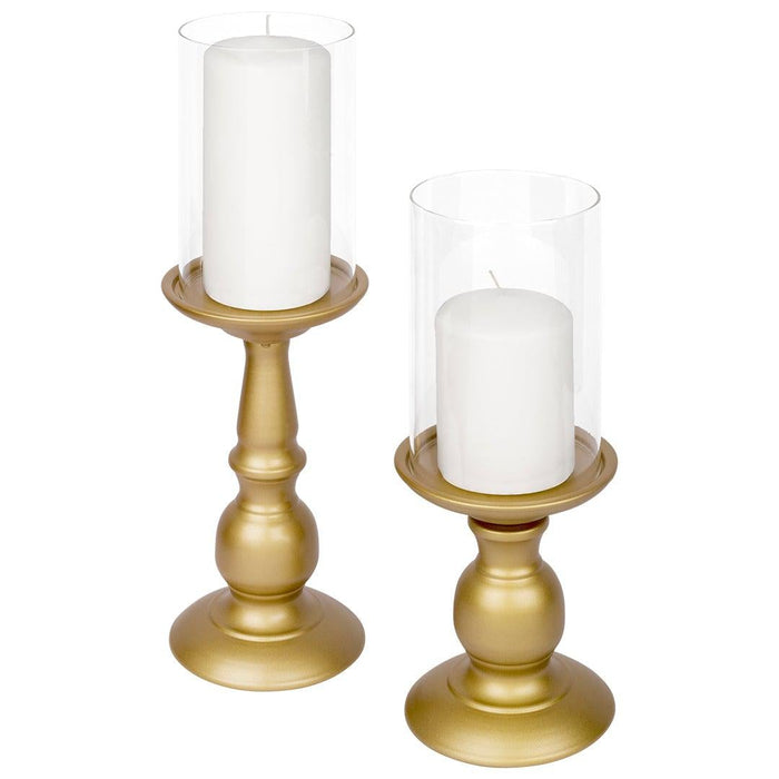 Metal Pillar Candle Holders with Hurricane Glass Included, Set of 6-Set of 6-Koyal Wholesale-Antique Brass-