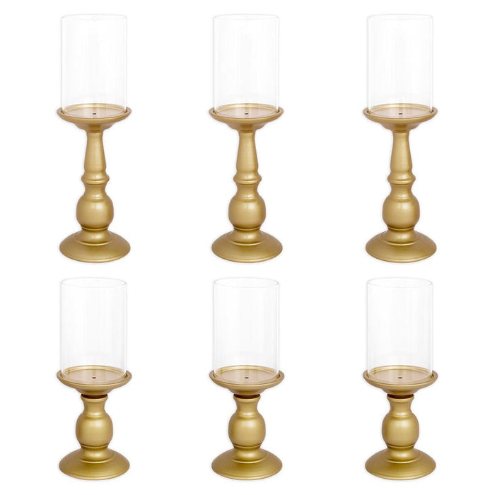 Metal Pillar Candle Holders with Hurricane Glass Included, Set of 6-Set of 6-Koyal Wholesale-Matte Gold-