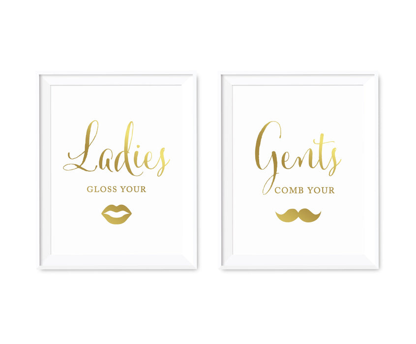 Metallic Gold Wedding Party Signs, 2-Pack-Set of 2-Andaz Press-Gloss Your Lips, Comb Your Mustache-
