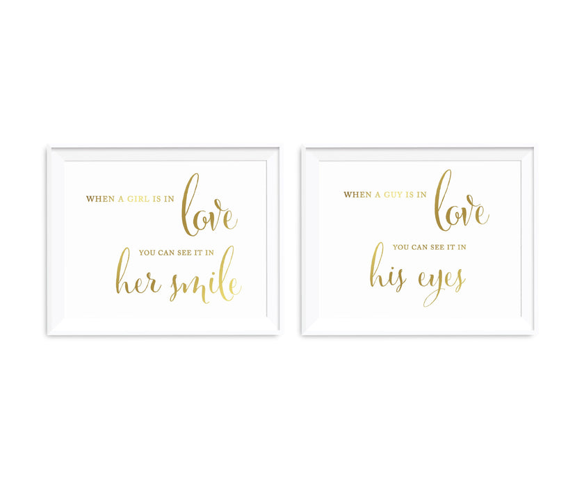 Metallic Gold Wedding Party Signs, 2-Pack-Set of 2-Andaz Press-When A Girl Is In Love, When A Guy Is In Love-