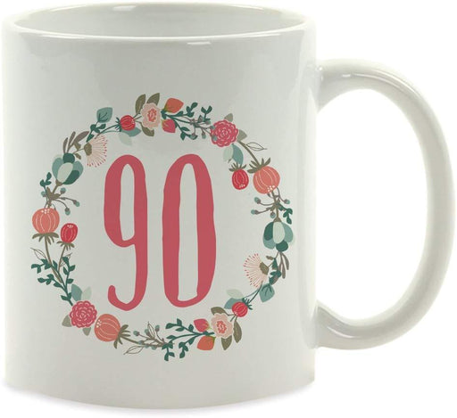 Milestone Birthday Coffee Mug Gift, 90, Coral Floral Wreath Graphic-Set of 1-Andaz Press-