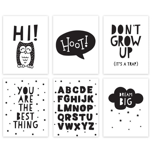 Minimalist Scandinavian Black White Theme Nursery Room Wall Art-Set of 6-Andaz Press-Wash Your Hands, Hang Your Towel, Brush Your Teeth-