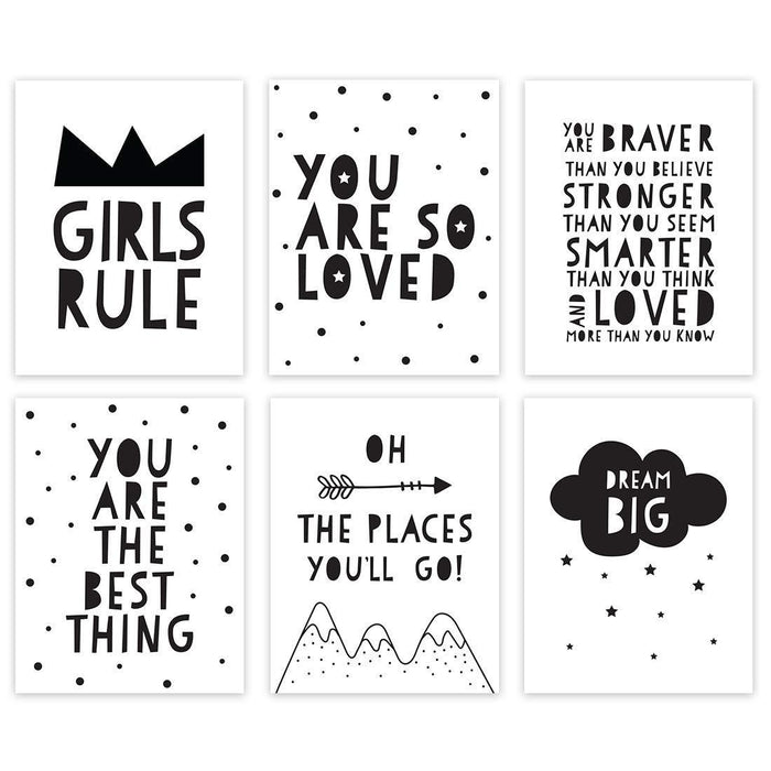 Minimalist Scandinavian Black White Theme Nursery Room Wall Art-Set of 6-Andaz Press-Wash Your Hands, Hang Your Towel, Brush Your Teeth-