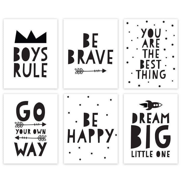 Minimalist Scandinavian Black White Theme Nursery Room Wall Art-Set of 6-Andaz Press-Wash Your Hands, Hang Your Towel, Brush Your Teeth-