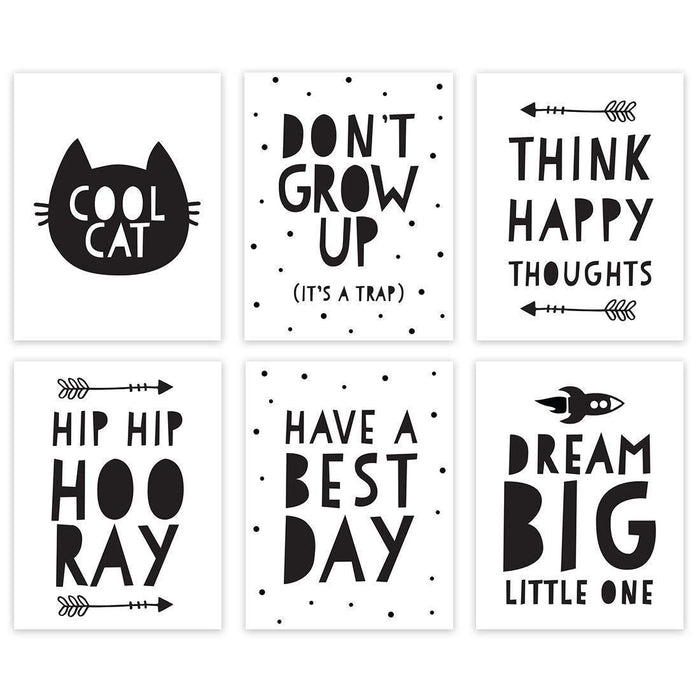 Minimalist Scandinavian Black White Theme Nursery Room Wall Art-Set of 6-Andaz Press-Wash Your Hands, Hang Your Towel, Brush Your Teeth-