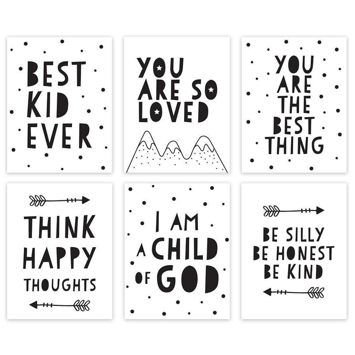 Minimalist Scandinavian Black White Theme Nursery Room Wall Art-Set of 6-Andaz Press-Wash Your Hands, Hang Your Towel, Brush Your Teeth-
