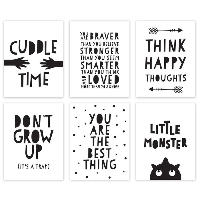 Minimalist Scandinavian Black White Theme Nursery Room Wall Art-Set of 6-Andaz Press-Wash Your Hands, Hang Your Towel, Brush Your Teeth-