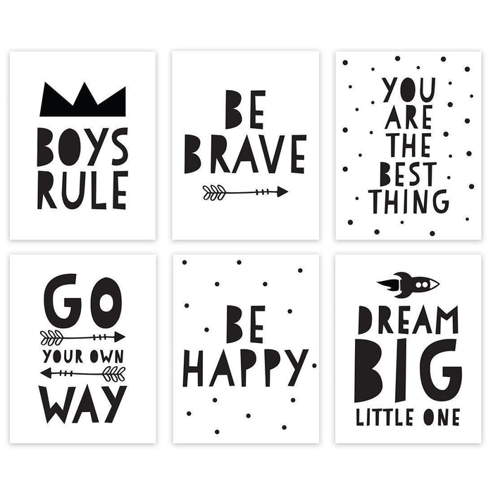 Minimalist Scandinavian Black White Theme Nursery Room Wall Art-Set of 6-Andaz Press-Boys Rule, Be Brave, Go Your Own Way, Dream Big-