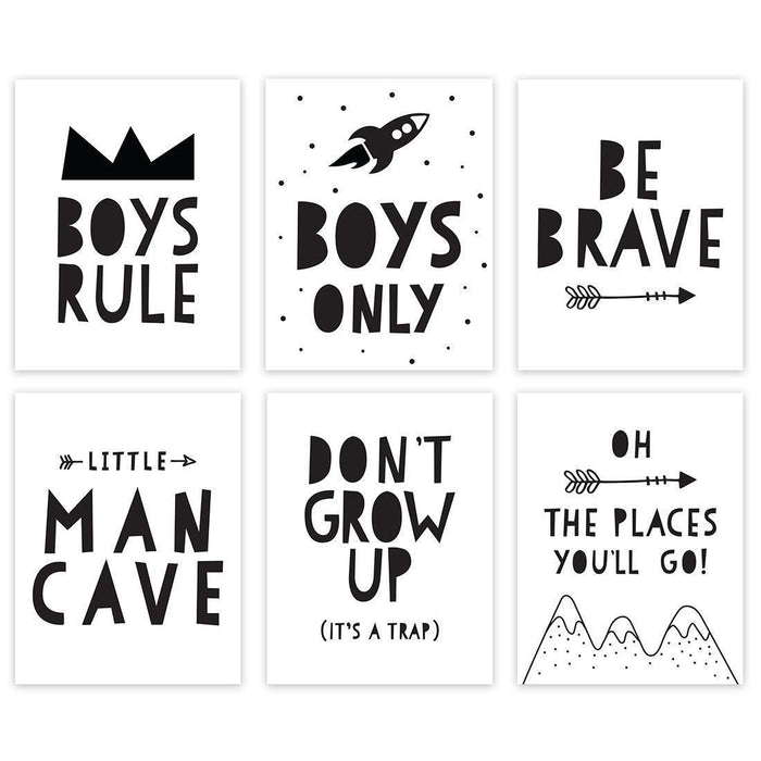 Minimalist Scandinavian Black White Theme Nursery Room Wall Art-Set of 6-Andaz Press-Boys Rule, Little Man Cave, Boys Only-