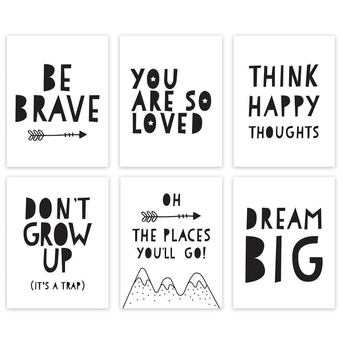 Minimalist Scandinavian Black White Theme Nursery Room Wall Art-Set of 6-Andaz Press-Inspirational, Be Brave, Dream Big-