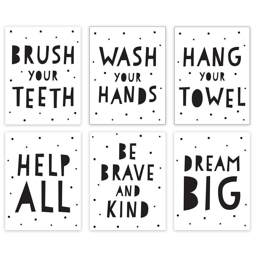Minimalist Scandinavian Black White Theme Nursery Room Wall Art-Set of 6-Andaz Press-Wash Your Hands, Hang Your Towel, Brush Your Teeth-