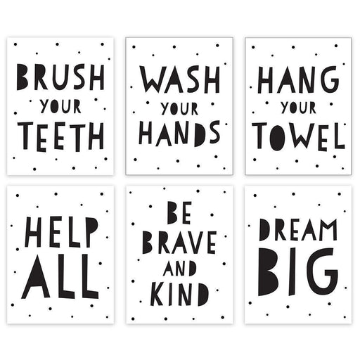 Minimalist Scandinavian Black White Theme Nursery Room Wall Art-Set of 6-Andaz Press-Wash Your Hands, Hang Your Towel, Brush Your Teeth-
