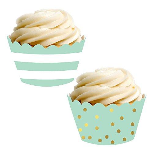 Mint Green Stripes and Metallic Gold Ink Polka Dots Cupcake Wrappers-set of 24-Andaz Press-
