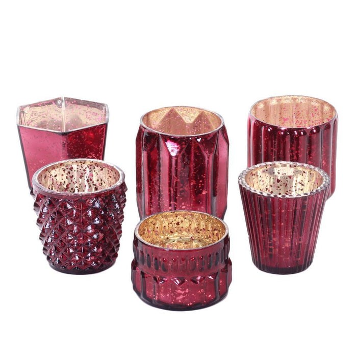 Mixed Mercury Glass Candle Holders-Set of 6-Koyal Wholesale-Burgundy-