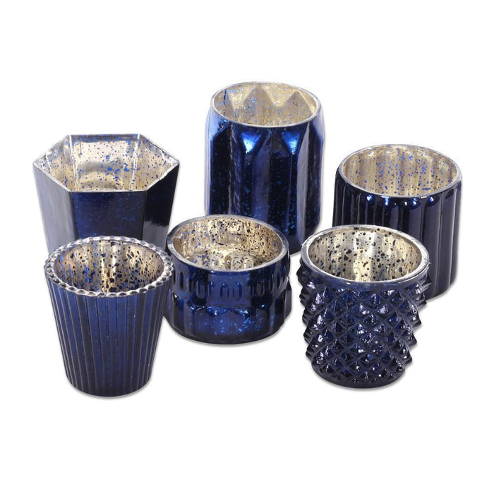 Mixed Mercury Glass Candle Holders-Set of 6-Koyal Wholesale-Navy Blue-