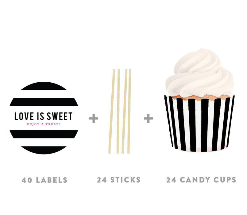Modern Black and White Stripes Wedding Candy Cup with Label Toppers DIY Party Favors Kit-Set of 24-Andaz Press-