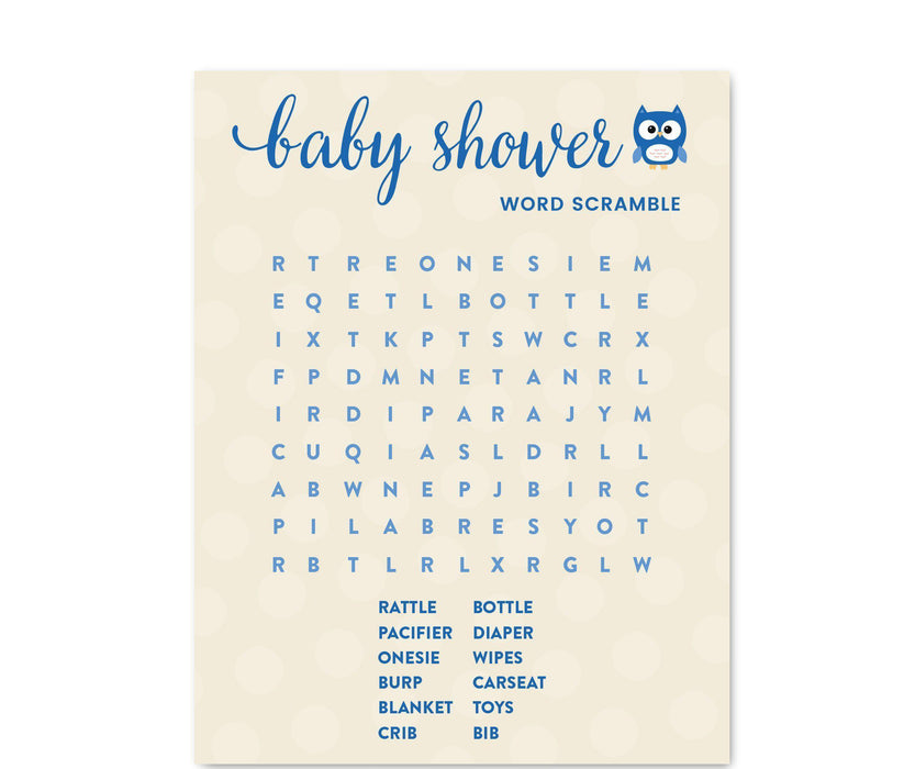 Modern Owl Boy Baby Shower Games & Fun Activities-Set of 20-Andaz Press-Word Search-