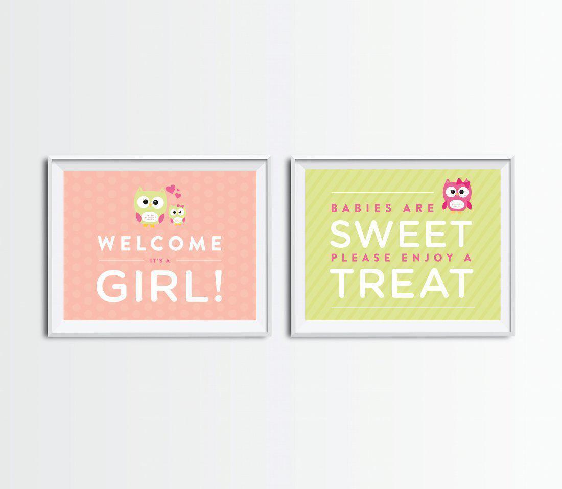 Modern Owl Girl Baby Shower Party Signs, 2-Pack-Set of 2-Andaz Press-Welcome | Enjoy A Treat-